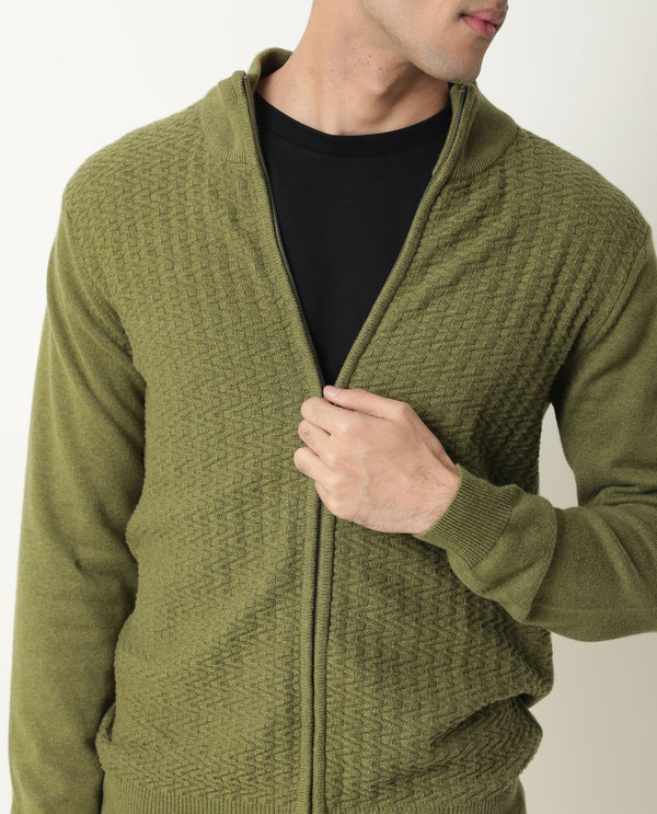 Rare Rabbit Jacky Primary Green Pullover Cotton Fabric Full Sleeve Mock Collar Slim Fit