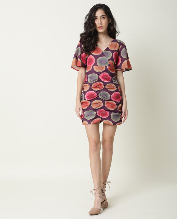 Rareism Women Anjou Purple Polka Dots Overlap Neck Half Sleeves Ruching At Sides And Back Mini Dress