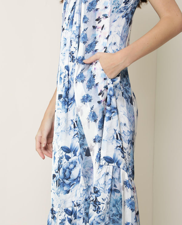 Rareism Women's Macy Light Blue Polyester Fabric Shoulder Straps Slip-On Closure Sleeveless Floral Print  Maxi Dress