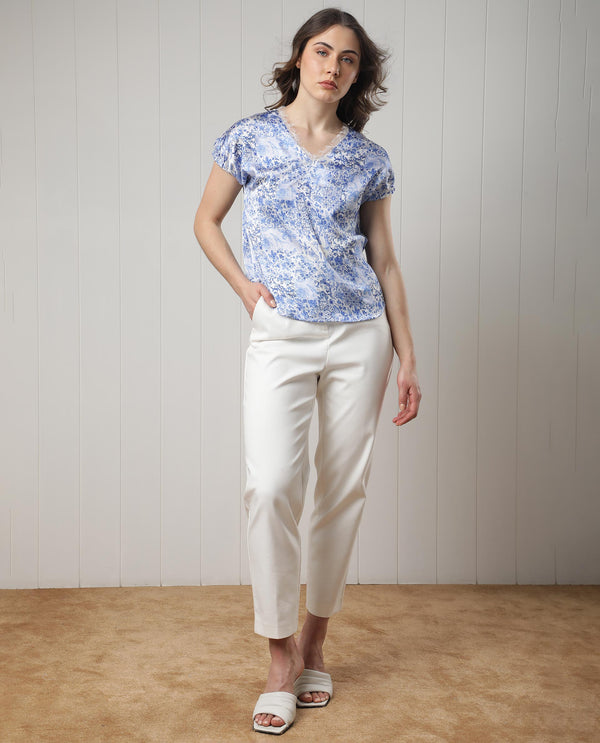 Rareism Women Annika Blue Polyester Fabric Short Sleeves V-Neck Extended Sleeve Regular Fit Abstract Print Top
