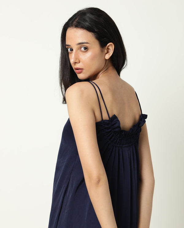Rareism Women Tint Navy Neck Double Spaghetti Shoulder Straps Midi Dress