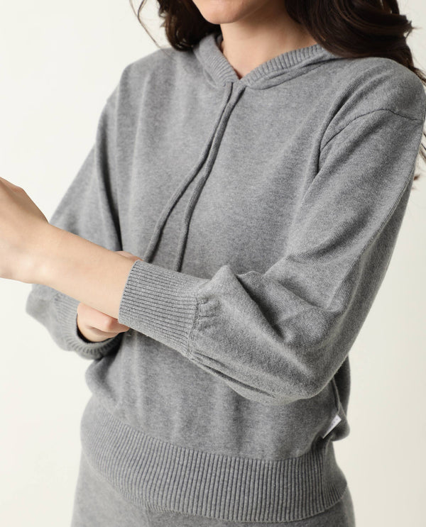 Rareism Women Finn Melange Grey Cotton Fabric Relaxed Fit Full Sleeves Solid Knee Length Hooded Track Suit