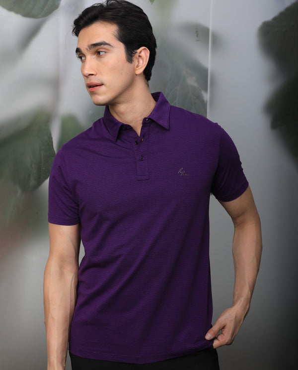 Rare Rabbit Men's Tunas Dark Purple Cotton Polyester Fabric Collared Neck Half Sleeves Striped Polo T-Shirt