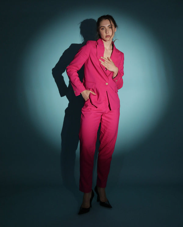 Rareism Women Ziva Pink Full Sleeves Tailored Fit Solid Polyester Fabric Blazer