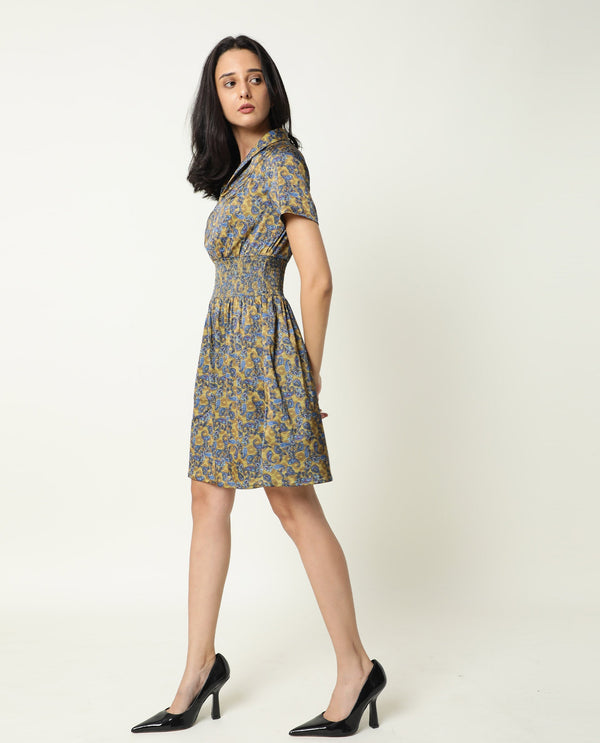 Rareism Women Joss Light Olive Paisley Print Overlap Lapel Collar Short Sleeves Smocked Elastic Waist Mini Dress