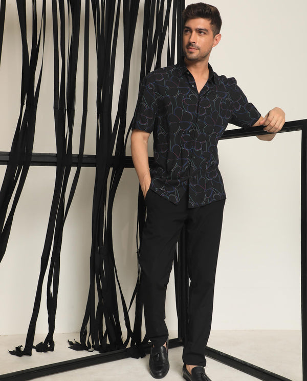 RARE RABBIT MEN'S KRIS BLACK COLLARED NECK SLIM FIT