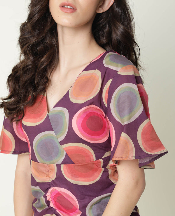 Rareism Women Anjou Purple Polka Dots Overlap Neck Half Sleeves Ruching At Sides And Back Mini Dress