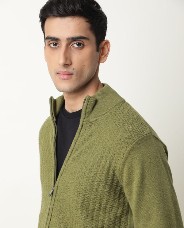 Rare Rabbit Jacky Primary Green Pullover Cotton Fabric Full Sleeve Mock Collar Slim Fit