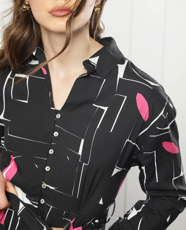 Rareism Women Ortiz Black Cotton Fabric Full Sleeves Button Closure Drop Collar Regular Fit Abstract Print Short Empire Dress