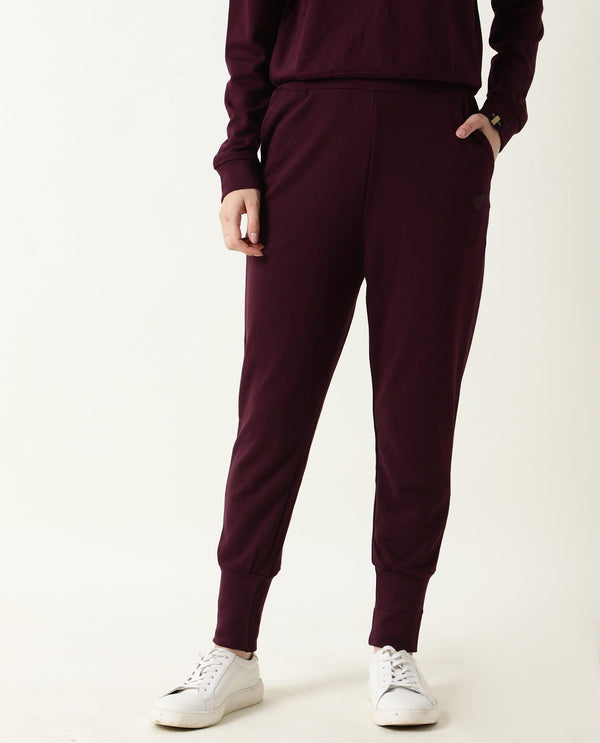 Rareism Women Simp-1 Dark Purple Poly Cotton Fabric Tailored Fit Solid Mid Rise Ankle Length Track Pant