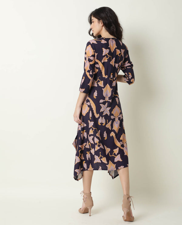 Rareism Women Kenna Navy Abstract Print V Neck 3/4 Sleeves Asymmetric Knee Length Dress