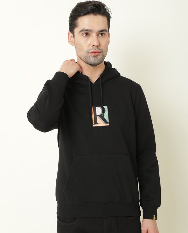 Rare Rabbit Rouyza Primary Black Sweatshirt Cotton Poly Fabric Full Sleeve Hoodie Slim Fit