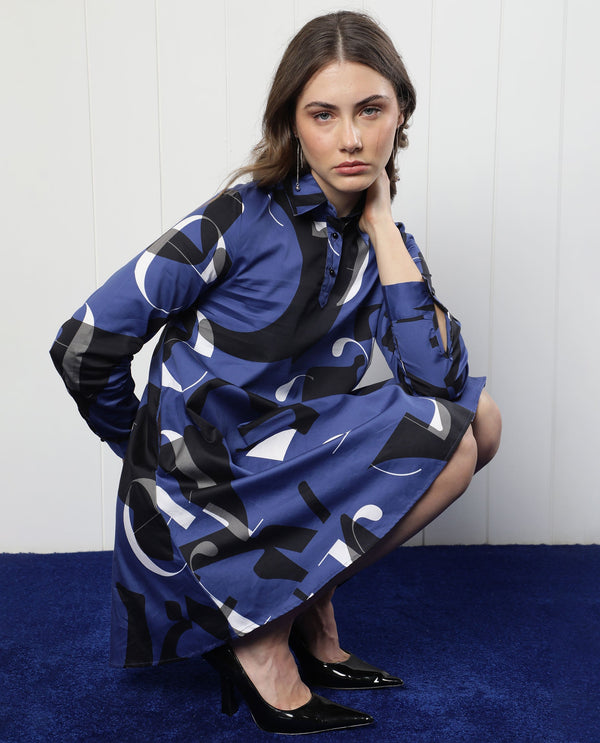 Rareism Women Macie Blue Cotton Fabric Full Sleeves Button Closure Mandarin Collar Regular Fit Graphic Print Knee Length Boxy Dress
