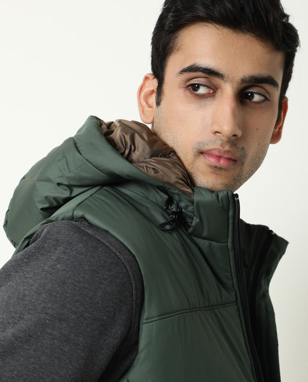 Rare Rabbit Men'S Filly Olive Jacket Polyester Fabric Hooded Neck Sleeve Less Zipper Closure