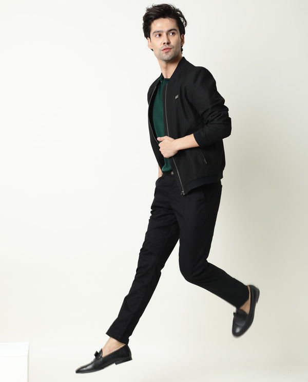 Rare Rabbit Men's Raptors Black Solid Mid-Rise Regular Fit Stretch Trouser