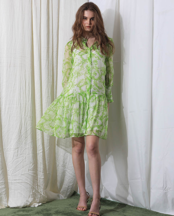 Rareism Women's Quin Green Polyester Fabric Ruffled Neck Button Closure Ruffled Sleeve Floral Print  Knee Length Dress