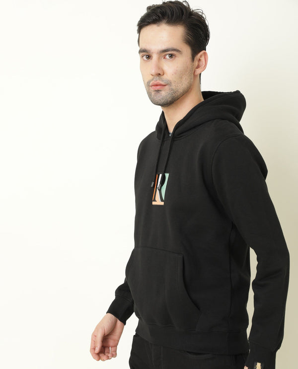 Rare Rabbit Rouyza Primary Black Sweatshirt Cotton Poly Fabric Full Sleeve Hoodie Slim Fit