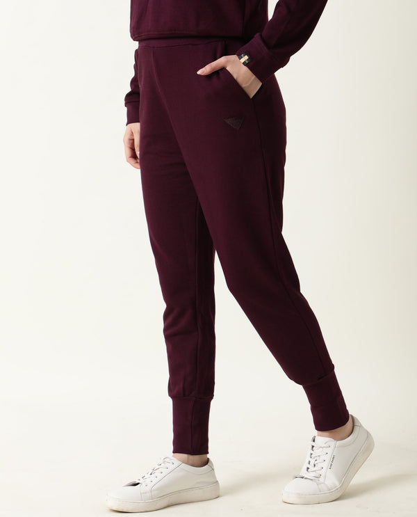 Rareism Women Simp-1 Dark Purple Poly Cotton Fabric Tailored Fit Solid Mid Rise Ankle Length Track Pant