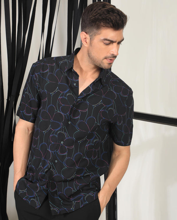 RARE RABBIT MEN'S KRIS BLACK COLLARED NECK SLIM FIT