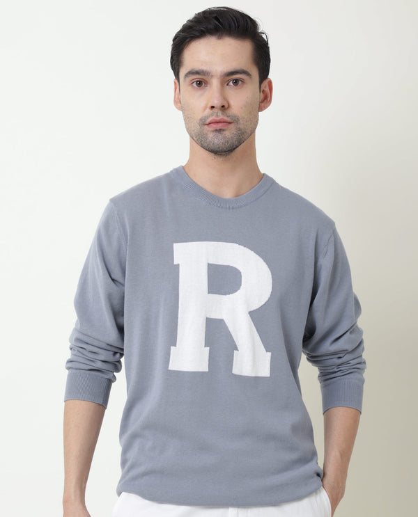 Rare Rabbit Avitt Primary Blue Pullover Cotton Fabric Full Sleeve Round Neck Slim Fit