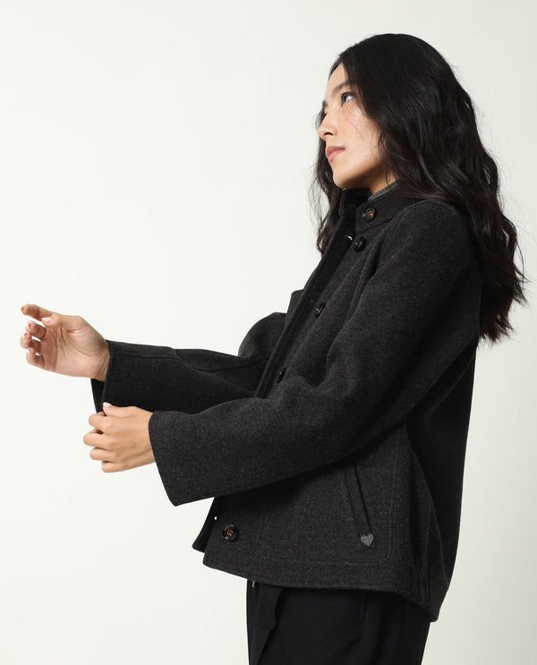 Rareism Women Comico Black Polyester Fabric Full Sleeves Solid Mandarin Collar Jacket