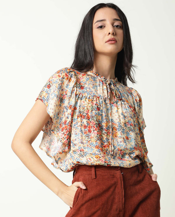 Rareism Women Nigel Off White Cotton Silk Fabric Relaxed Fit Tie-Up Neck Half Sleeves Floral Print Top