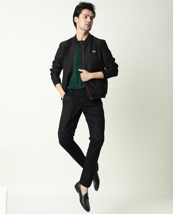 Rare Rabbit Men's Raptors Black Solid Mid-Rise Regular Fit Stretch Trouser