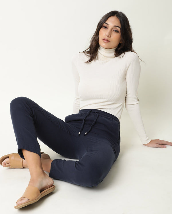 Rareism Women Elo Navy Cotton Fabric Regular Fit Mid Rise Solid Ankle Length Trousers