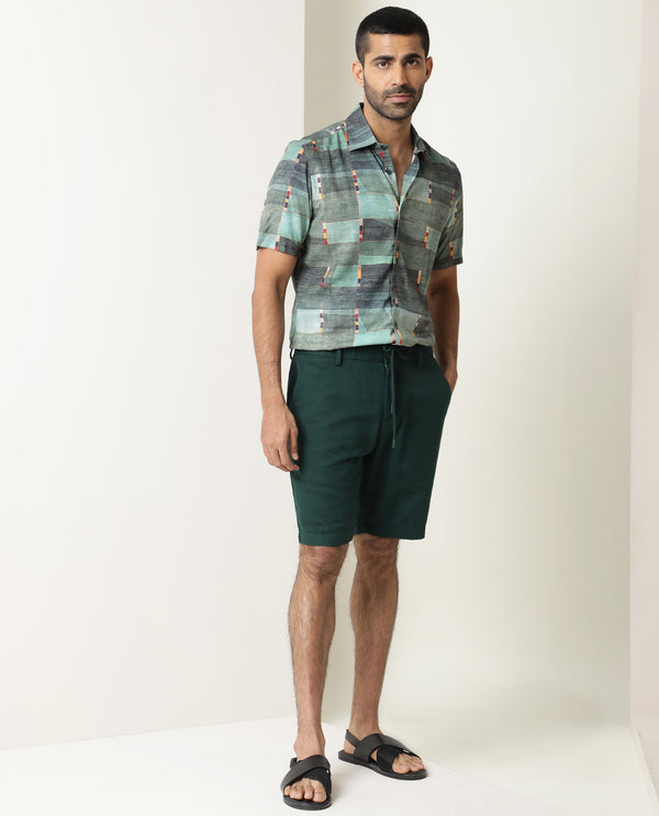 Rare Rabbit Men's Pinto Dark Green Cotton Fabric Drawstring Mid Rise Shorts