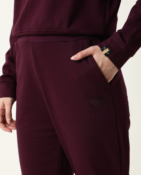 Rareism Women Simp-1 Dark Purple Poly Cotton Fabric Tailored Fit Solid Mid Rise Ankle Length Track Pant