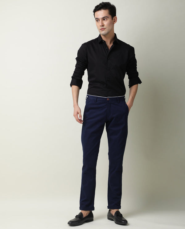 Rare Rabbit Men's Trews-22 Dark Blue Solid Mid-Rise Regular Fit Trouser