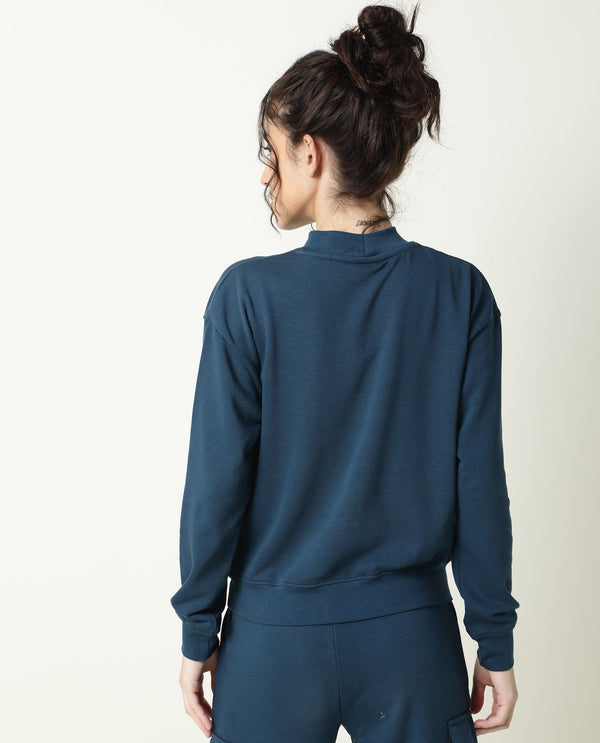 Rareism Women Necker Petrol  Relaxed Fit Full Sleeves Solid High Neck Sweatshirt