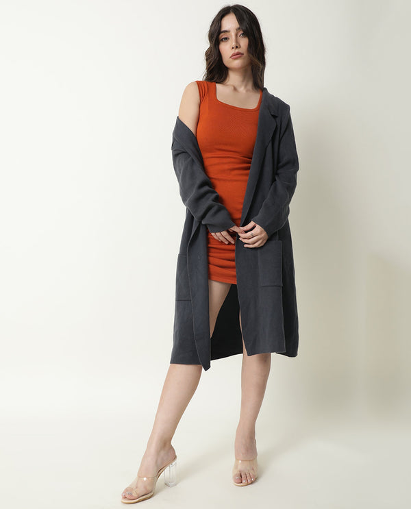 Rareism Women Hailey Orange Square Neck Sleeveless With Pull Up Drawstring At Side Seam Midi Dress