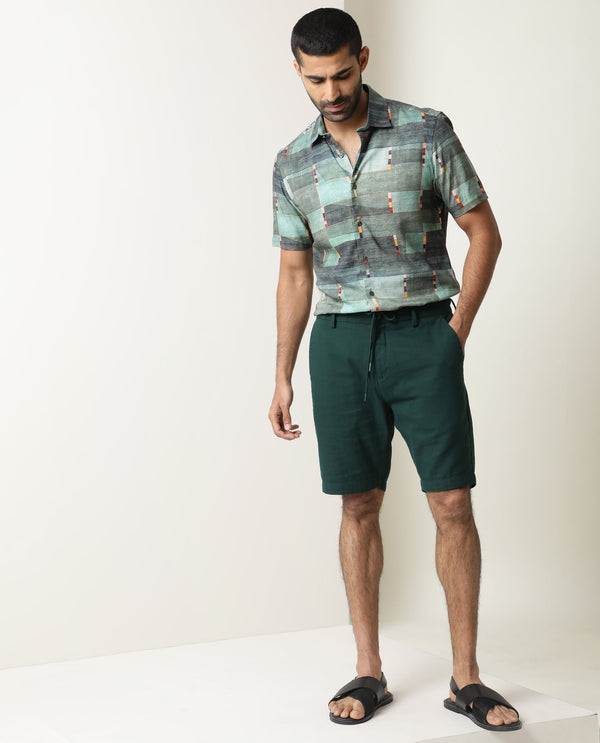 Rare Rabbit Men's Pinto Dark Green Cotton Fabric Drawstring Mid Rise Shorts