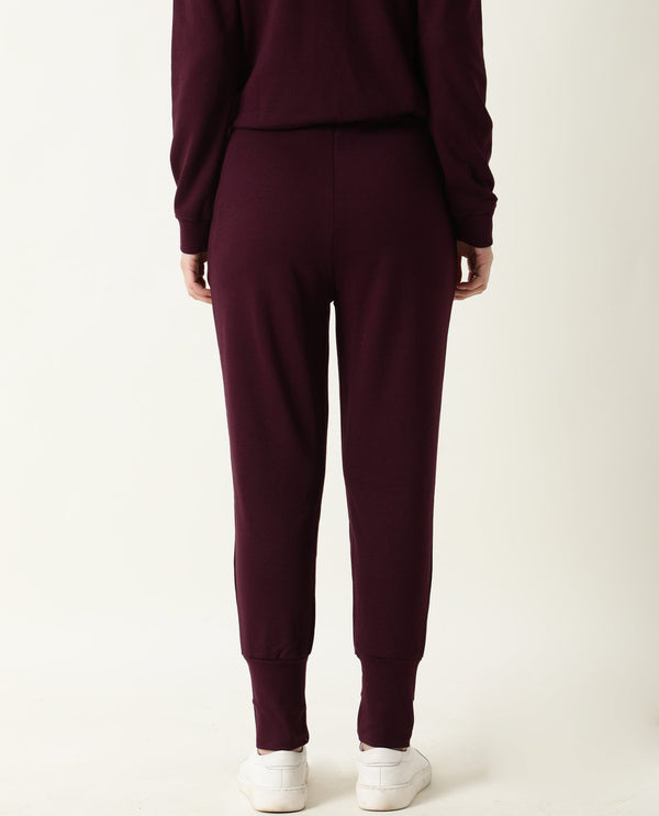 Rareism Women Simp-1 Dark Purple Poly Cotton Fabric Tailored Fit Solid Mid Rise Ankle Length Track Pant