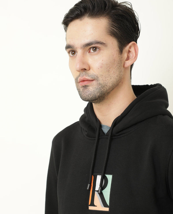 Rare Rabbit Rouyza Primary Black Sweatshirt Cotton Poly Fabric Full Sleeve Hoodie Slim Fit
