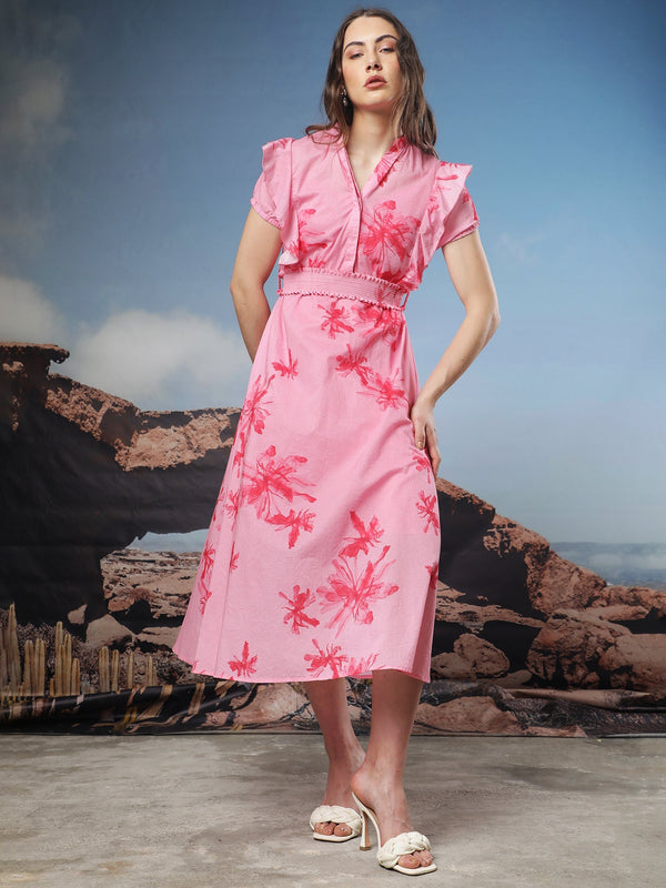 Rareism Women Octane Light Pink Cotton Fabric Short Sleeves Button Closure Mandarin Collar Extended Sleeve Regular Fit Abstract Print Knee Length Flared Dress