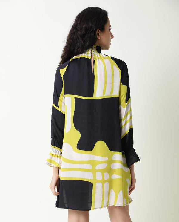 Rareism Women Jolene Black Abstract Print Smocked Neck Full Sleeves With Pockets Mini Dress