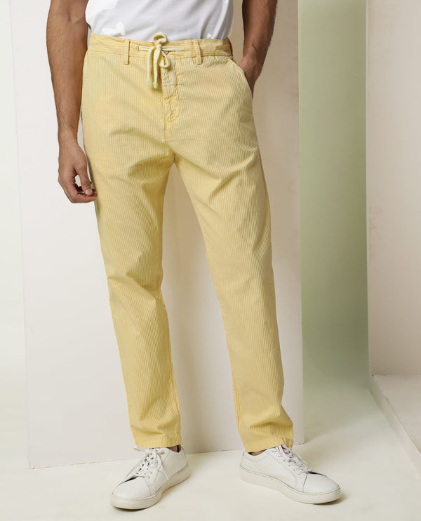 Rare Rabbit Men's Monter Mustard Stripe Dobby Mid-Rise With Drawstring And Elastic Waistband Regular Fit Trouser