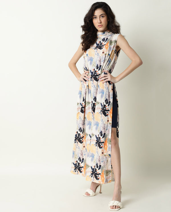 Rareism Women Isa Multi Abstract Print High Neck Band Collar With Ruffles Side Full Slit And Back Button Closure Maxi Dress