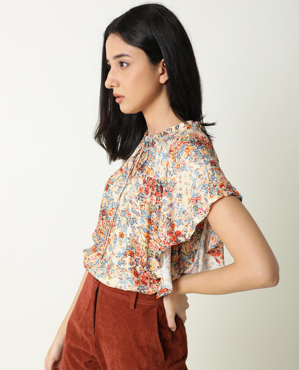 Rareism Women Nigel Off White Cotton Silk Fabric Relaxed Fit Tie-Up Neck Half Sleeves Floral Print Top