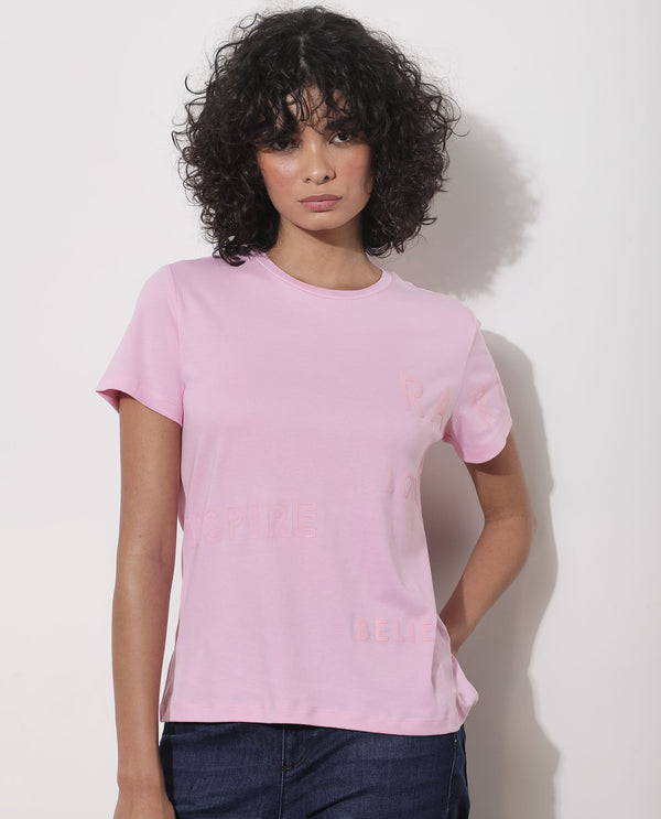 Rareism Women Oratio Pastel Purple Cotton Fabric Short Sleeves Crew Neck Regular Fit Flock Print T-Shirt