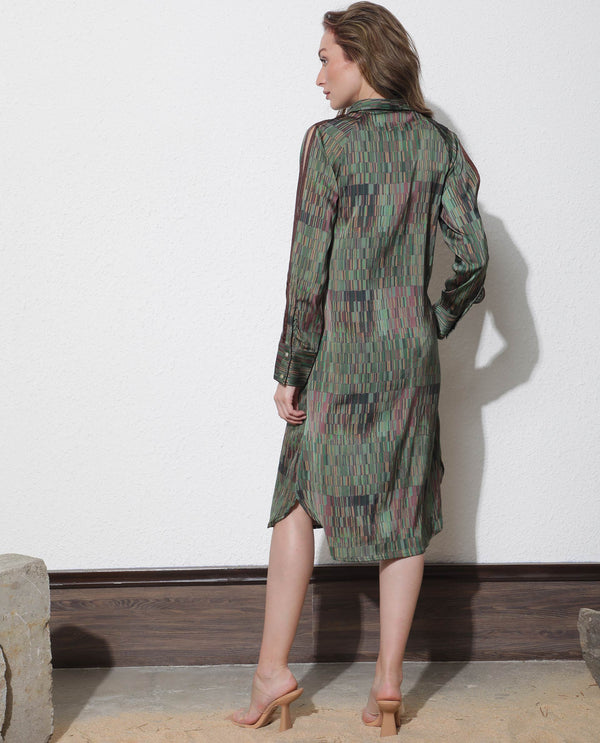 Rareism Women Reign Dark Olive Cotton Fabric Full Sleeves Shirt Collar Geometric Print Maxi Dress