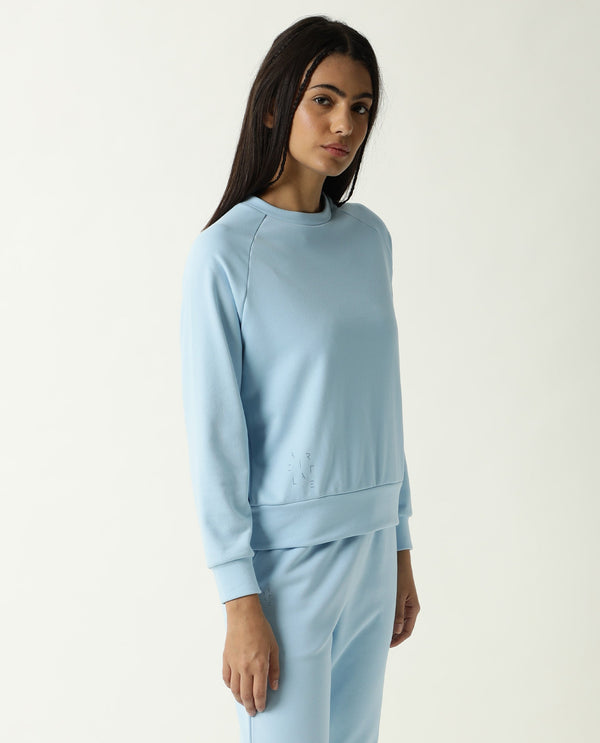 Rareism Women Cax Blue Cotton Blend Fabric Relaxed Fit Full Sleeves Solid Round Neck Sweatshirt