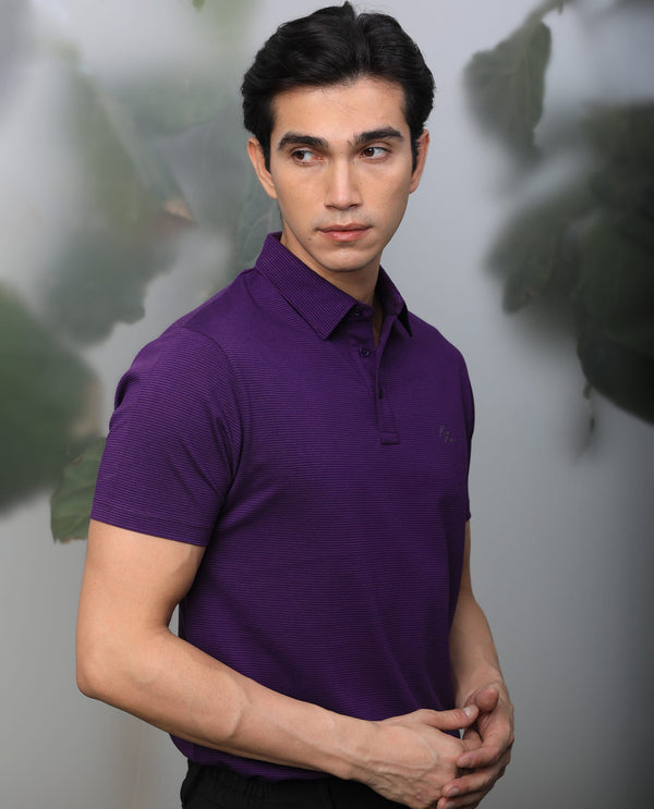 Rare Rabbit Men's Tunas Dark Purple Cotton Polyester Fabric Collared Neck Half Sleeves Striped Polo T-Shirt