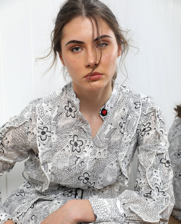 Rareism Women Roose White Cotton Fabric Full Sleeves Button Closure Mandarin Collar Regular Fit Floral Print Knee Length Flared Dress