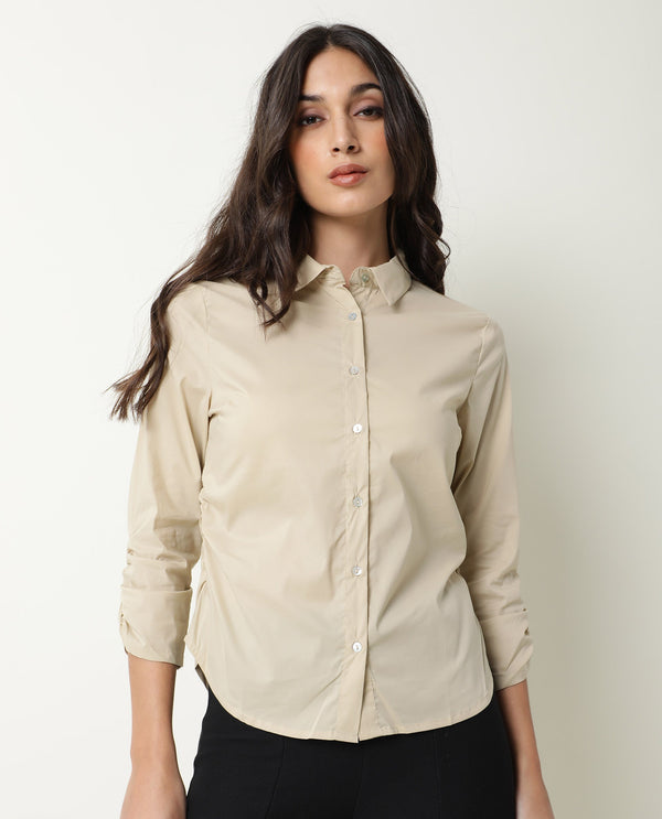 Rareism Womens Mudd Beige Top Cotton Lycra Fabric Regular Fit 3/4 Sleeve Collared Neck