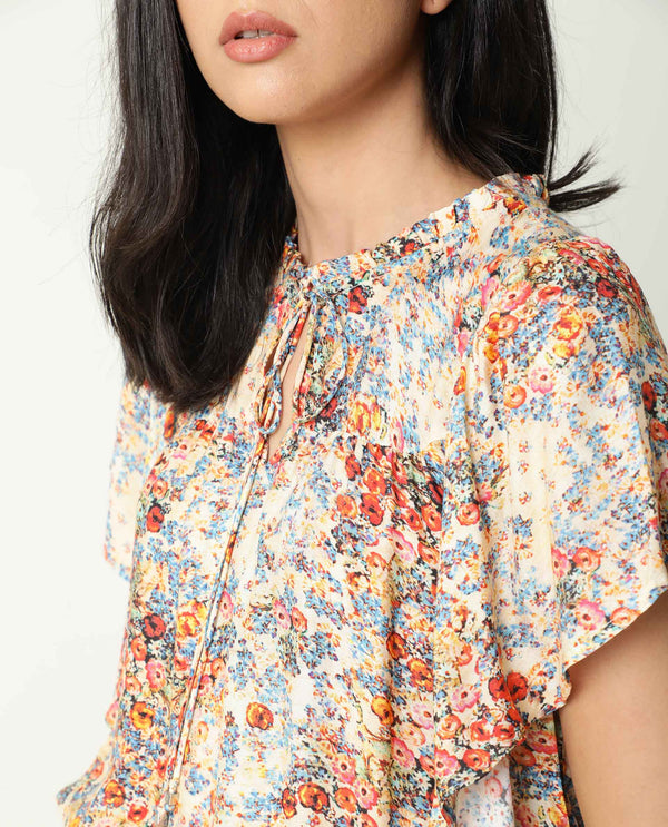 Rareism Women Nigel Off White Cotton Silk Fabric Relaxed Fit Tie-Up Neck Half Sleeves Floral Print Top