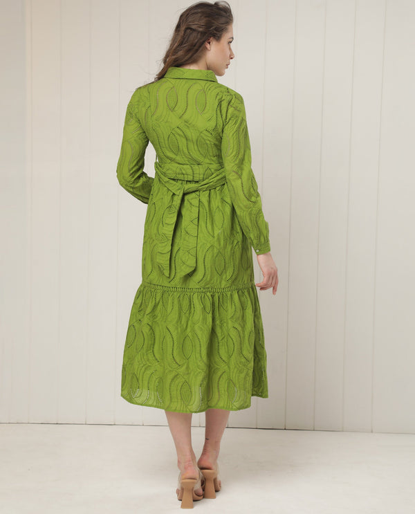 Rareism Women Darcy Green Cotton Fabric Full Sleeves Button Closure Shirt Collar Slim Fit Schiffili Knee Length Empire Dress
