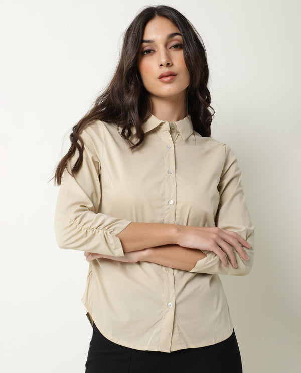 Rareism Womens Mudd Beige Top Cotton Lycra Fabric Regular Fit 3/4 Sleeve Collared Neck